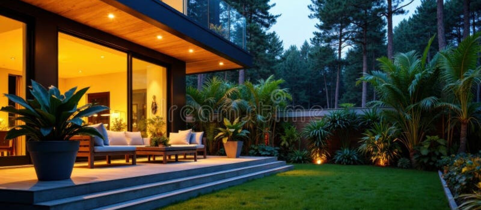 Covered patio and garden at a renovated home in the evening